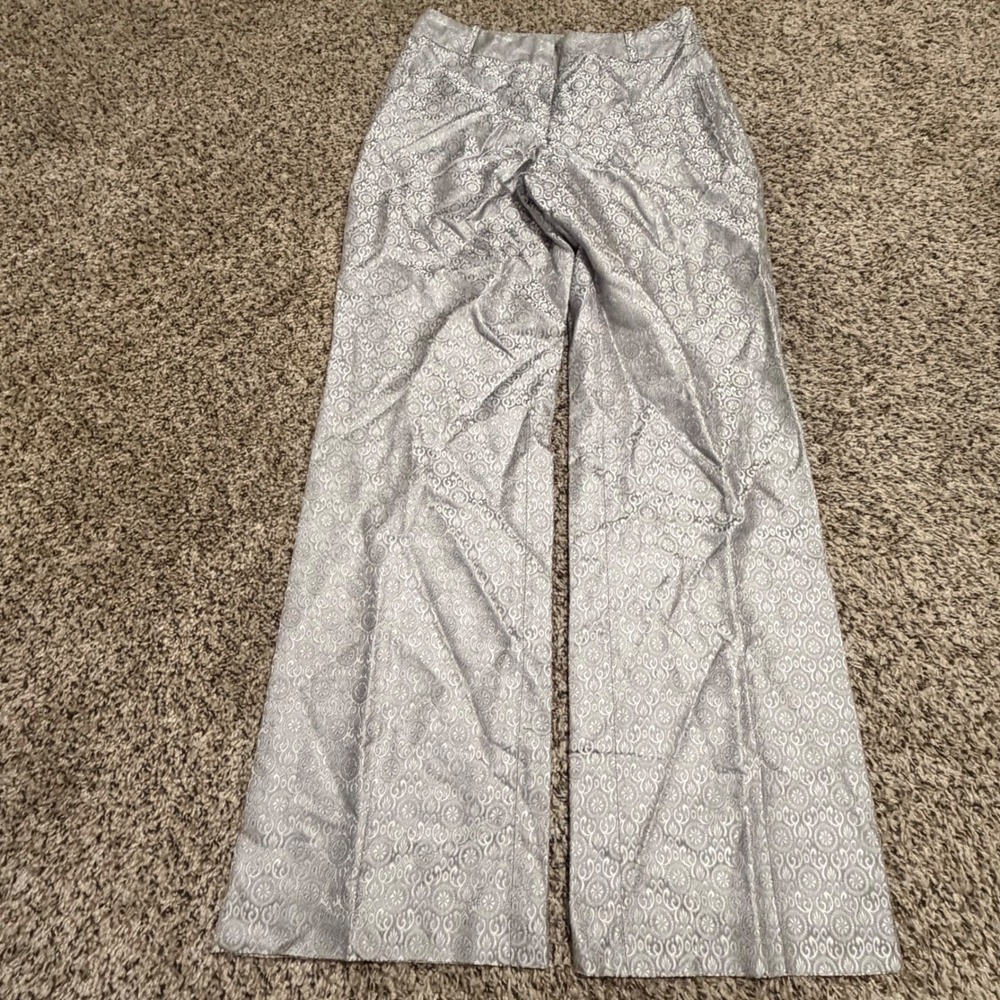 Ann Taylor Womens Silver Silk Brocade Wide Leg Trousers Pants Size 6 Metallic
